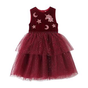 女童背心连衣裙冬季网纱公主裙酒红色生日裙子儿童拜年服新年衣服