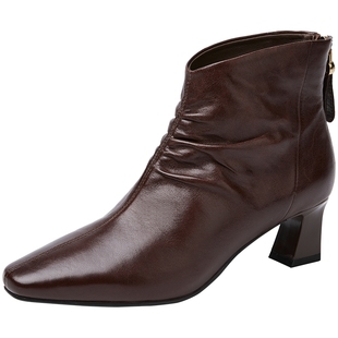 商场同款百田森2025新款小短靴子女小个子粗高跟羊皮真皮高跟短靴