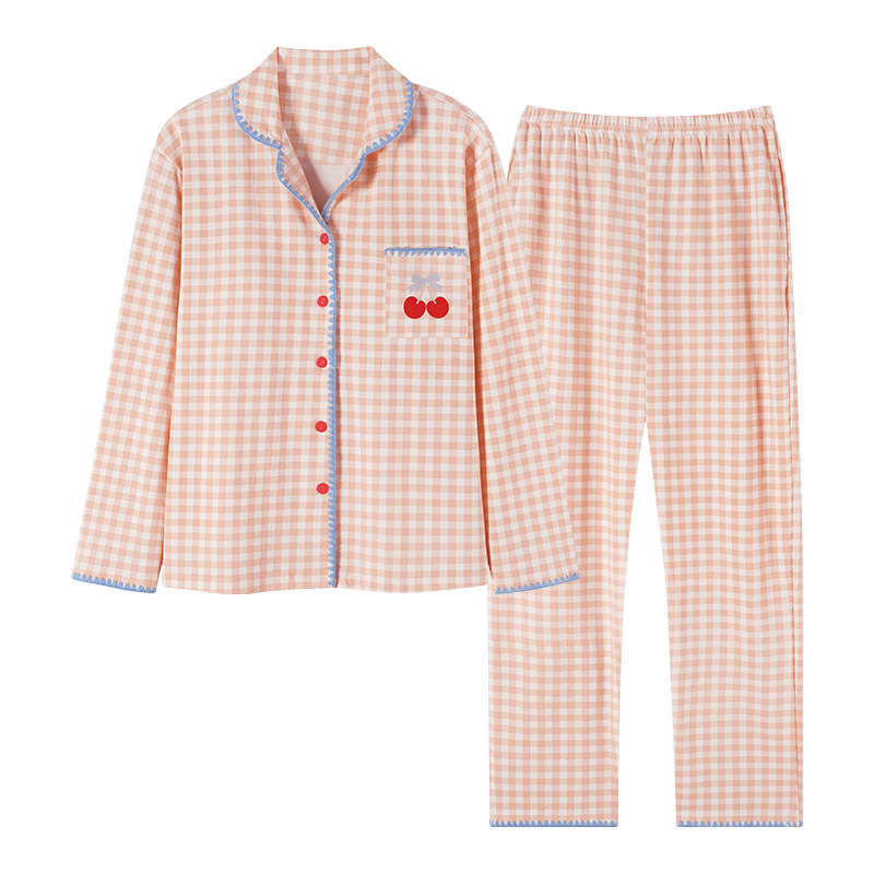 帕兰朵100%纯棉睡衣女款秋春季长袖长裤开衫可外穿家居服套装休闲