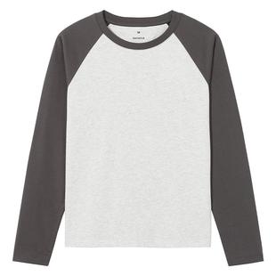 热风2025年秋季新款女士基本纯棉插肩长袖T恤时尚简约拼色圆领