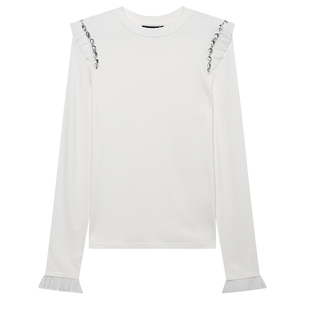 白鹿语异质拼接小飞袖秋款时尚气质圆领长袖修身微弹女式T恤