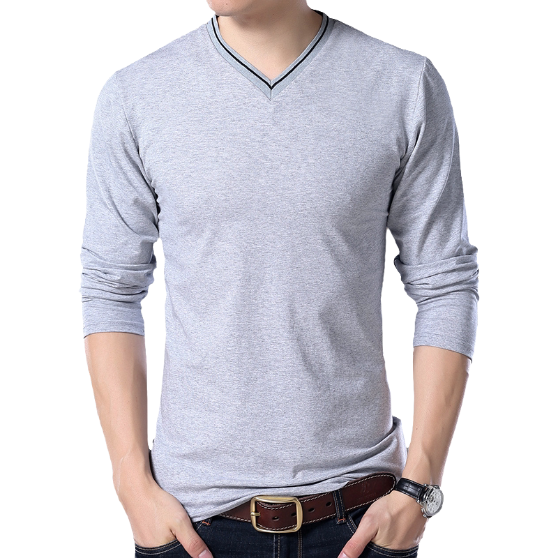 春秋季男士长袖V领T恤青年纯棉薄款韩版修身鸡心领打底衫男装上衣