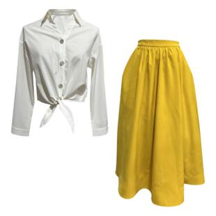 新款黄玫瑰法式复古白色绑带衬衫长袖衬衣女秋季长裙半裙气质套装