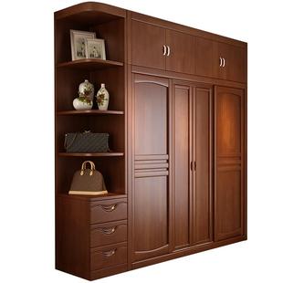 中式实木大衣柜推拉门 主卧室家用四门柜子 整体组合衣橱原木家具