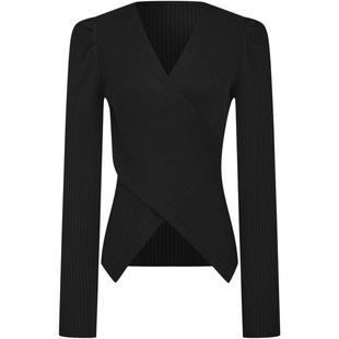 曼德诗绵羊毛针织衫女款2025秋装新款V领短款交叉设计上衣套头衫