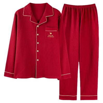 春秋季长袖大红色结婚纯棉睡衣男