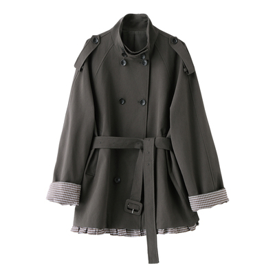 秋中长款腰带风衣格子拼接外套女