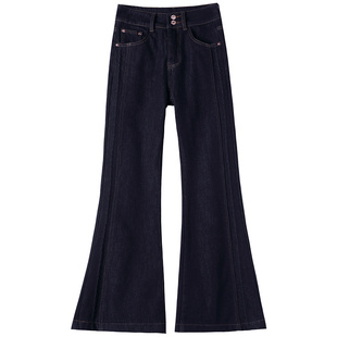 拉夏贝尔美式复古加绒微喇牛仔裤女秋冬新款高腰显瘦不贴腿喇叭裤