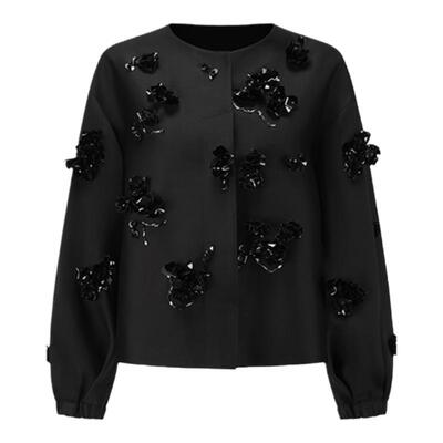 秋冬女士黑色丝毛立体花外套