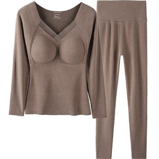 梦芭蒂免穿文胸女士保暖套装双面磨毛秋冬女士交叉网纱上衣套装