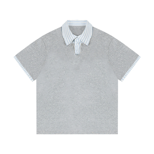 GOOZI MADE 假两件条纹Polo衫短袖t恤男夏季竹节棉青少年拼接半袖