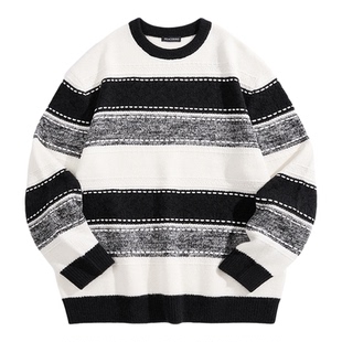 【商场同款】太平鸟男装 潮流黑白撞色条纹针织衫毛衣男B2EBE4430