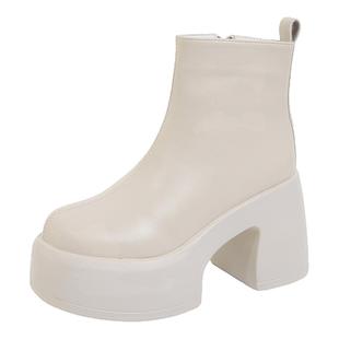 品牌真皮厚底法式小短靴女高跟软皮瘦瘦靴2025秋冬新款白色马丁靴