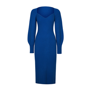 Chings复古针织灯笼袖显瘦大方领收腰优雅坑条包臀直筒开叉连衣裙