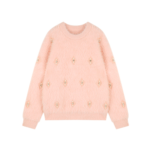 Amybaby女童上衣冬季2025新款保暖水貂毛水滴钉珠纯色百搭毛衣