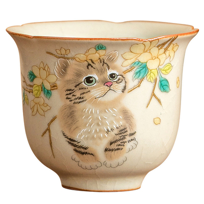 紫泉涧汝窑萌猫茶杯单杯