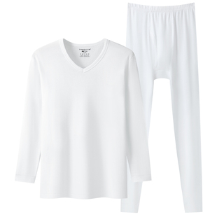 三枪100%纯棉男士薄款保暖内衣套装全棉V领青年打底白色秋衣秋裤