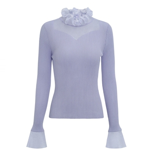 IDPAN花瓣领网纱拼接针织衫修身打底软糯羊毛衫秋冬新款毛衣