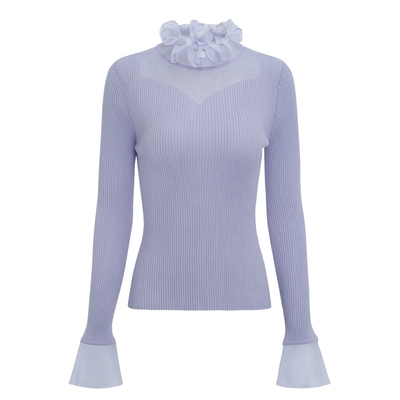 IDPAN花瓣领网纱拼接针织衫修身打底软糯羊毛衫秋冬新款毛衣