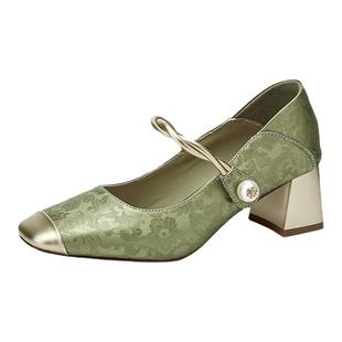 达芙妮中国风法式玛丽珍鞋女款春秋2026新款方头一字带粗跟小皮鞋