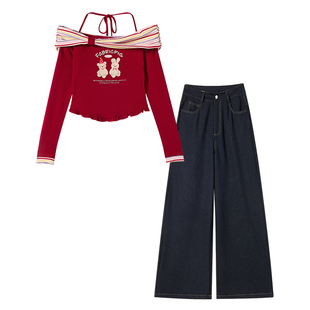 织物猪 绯红少女 甜辣风挂脖一字肩针织衫上衣女初秋修身露肩长袖