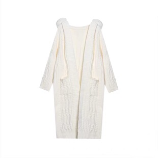 毛领连帽粉色针织开衫毛衣外套女中长款宽松洋气法式温柔高级大衣