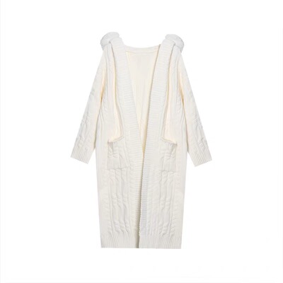 毛领连帽针织开衫毛衣外套女大衣