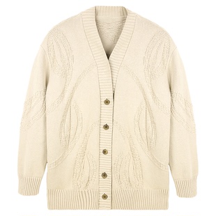 JUST SHINE 日常叠穿米色针织开衫男女宽松提花复古毛衣外套