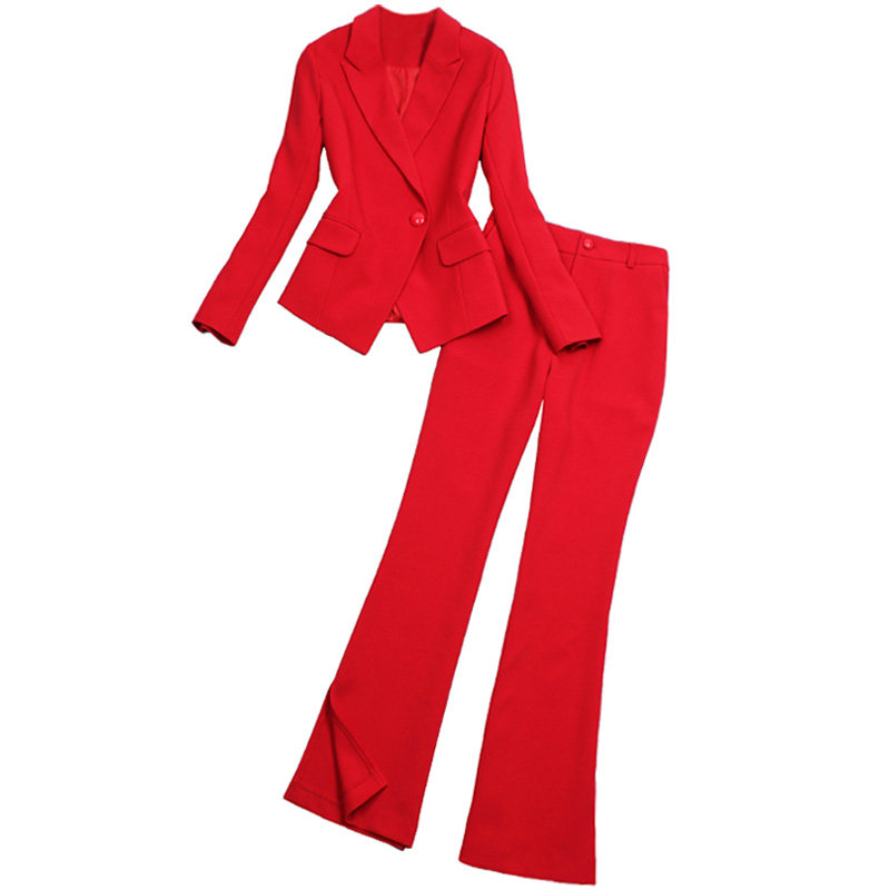 春装新款职业正装明星同款大红色套装修身短款西服开衩喇叭裤519