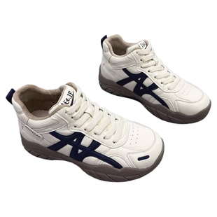 真皮女鞋厚底加绒拼色德训鞋2025冬新款系带保暖高帮鞋休闲小白鞋