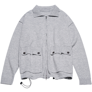 STILLYOU原创复古慵懒翻领毛针织开衫宽松工装大口袋拉链毛衣外套