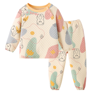 宝宝三层夹棉睡衣秋冬季男童女童加厚家居服男孩保暖内衣套装纯棉