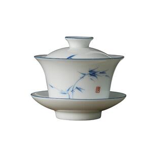 甜白瓷三才盖碗茶杯套装薄胎手绘陶瓷大号功夫泡茶碗单个定制