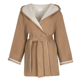 允硕新品中长款驼绒羊毛大衣蚕丝羊绒双面呢子外套连帽女装496116