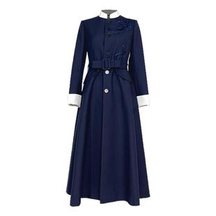 浒城古娘新款刺绣气质收腰蓝色长款新中式国风战袍连衣裙女款春秋