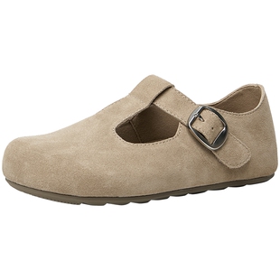 百田森真皮勃肯鞋女2025新款春夏配裙子的鞋子T字玛丽珍鞋平底鞋