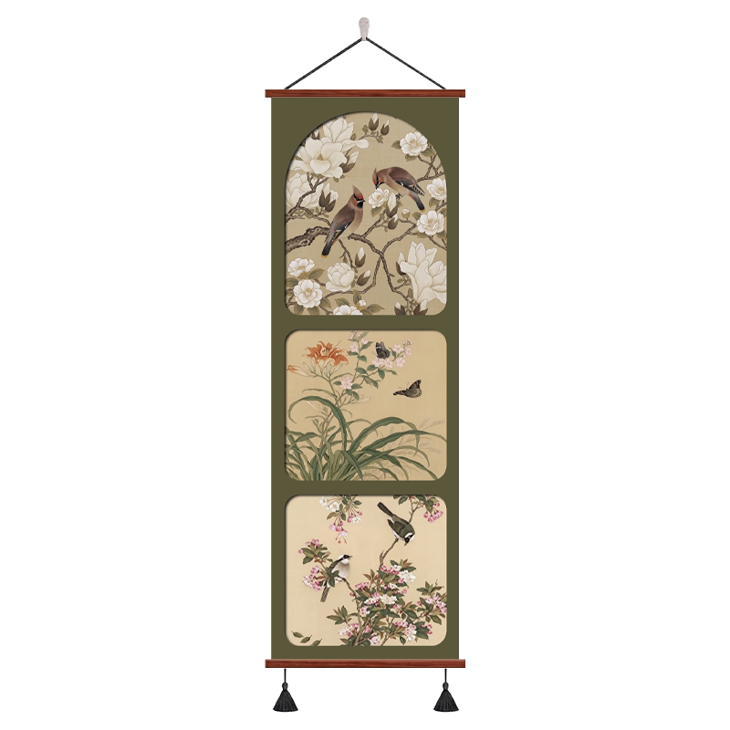 中古风花鸟流苏卷轴画客厅玄关画
