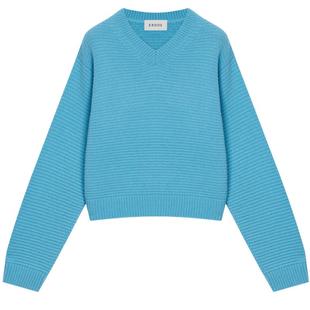 ERDOS 蓝色V领罗纹肌理羊绒衫女冬短款翻花厚款针织毛衣
