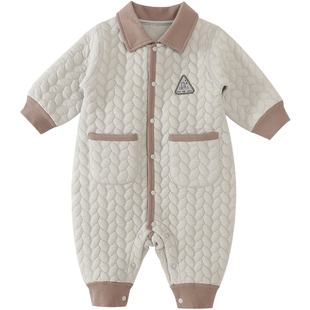 男宝宝春装保暖哈衣秋冬加厚夹丝连体衣超洋气polo领婴儿外出衣服