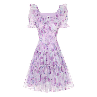 艾丽丝甜美紫色公主裙女2025夏网纱新款泡泡袖仙气短袖短款连衣裙