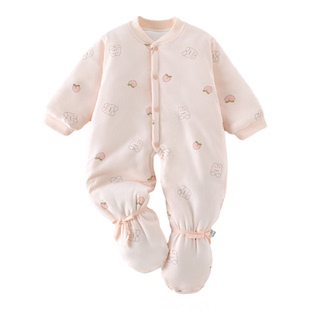 婴儿开裆包脚连体衣秋冬季夹棉哈衣宝宝120克薄棉连脚爬服a类纯棉