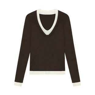 NEVA HU【现货7折】撞色假两件v领长袖针织衫修身内搭打底衫上衣