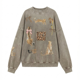 「周里物出品」灰色卫衣女2025秋季新款满印豹纹信徒印花宽松上衣