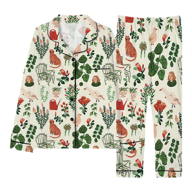 100%桑蚕丝长袖印花睡衣家居服女