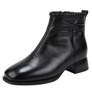 法式方头真皮短靴女2026春季新款黑色加绒保暖粗跟通勤鞋方头靴子