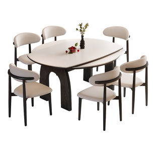 法式复古风伸缩实木岩板餐桌可变圆桌家用小户型现代简约折叠饭桌