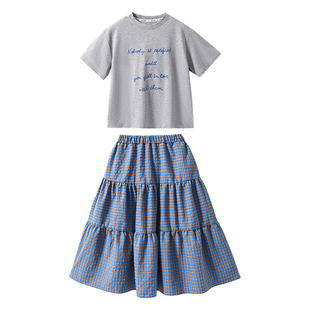 女童套装夏季2026新款洋气大童宽松短袖T恤儿童夏装女孩格子半裙