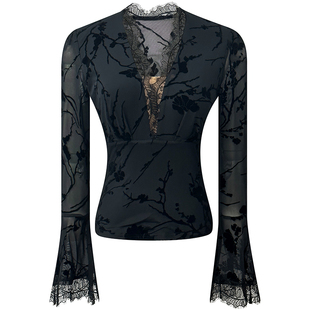 蕾丝拼接植绒网纱上衣女春季新款气质女人味紫色V领喇叭袖修身T恤