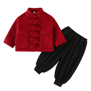 男童加绒汉服古装新中式冬季女童唐装套装红色儿童加厚元旦演出服
