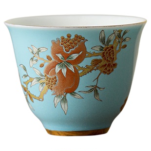 蓝金石榴功夫茶杯陶瓷品茗杯单杯个人喝茶品茶专用高档精致主人杯